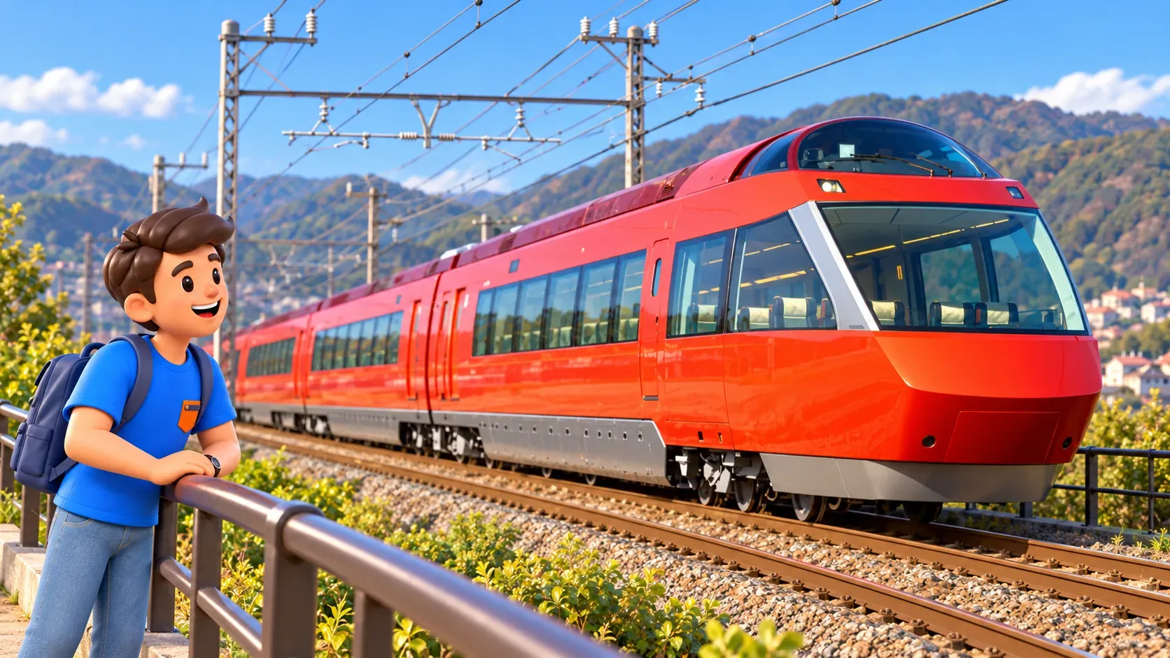Ein Reisender betrachtet einen roten Romancecar GSE aus sicherer Entfernung