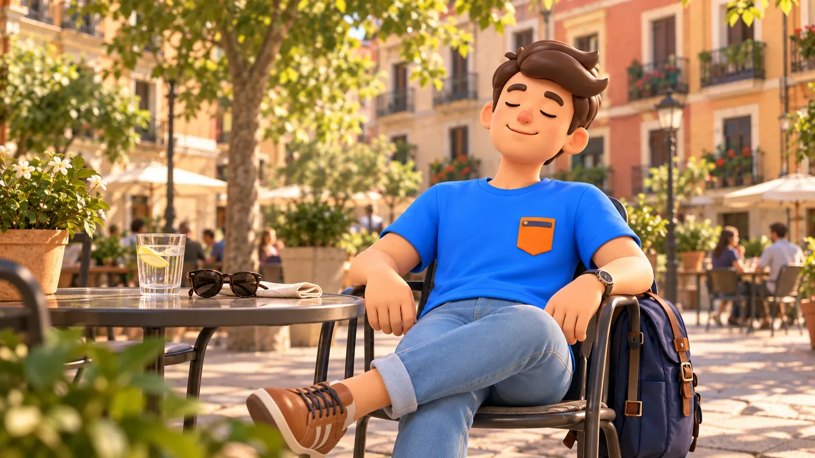 Ilustración conceptual de un viajero descansando en una mesa de una pequeña plaza