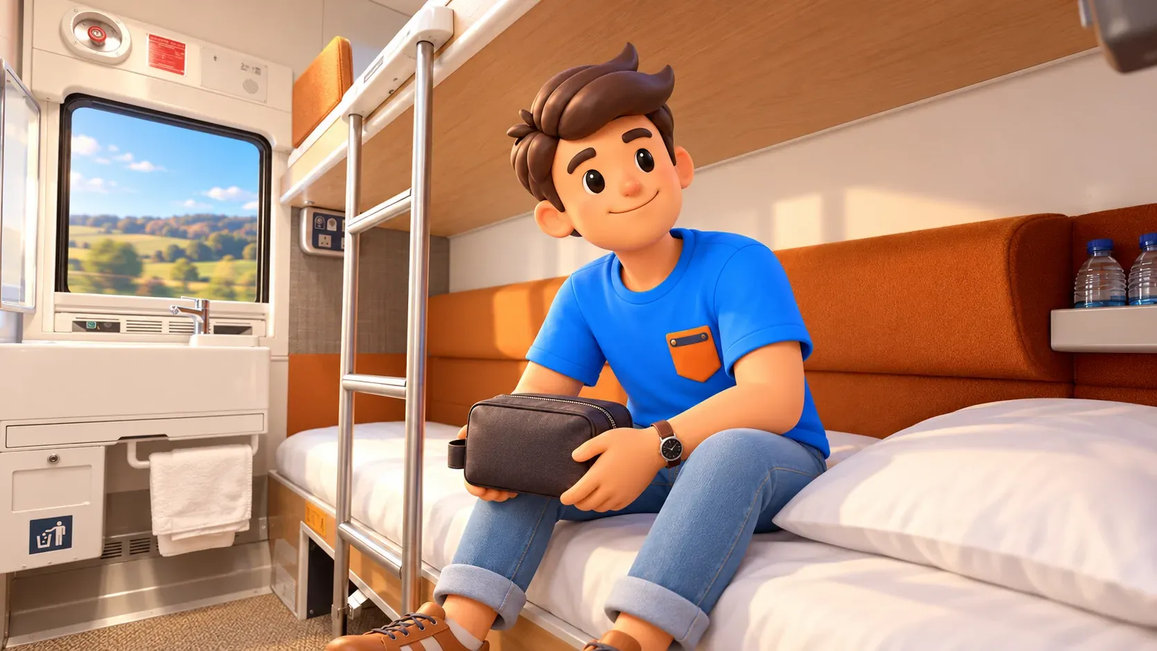 Voyageur sur le lit inférieur d’une cabine Classic avec lavabo