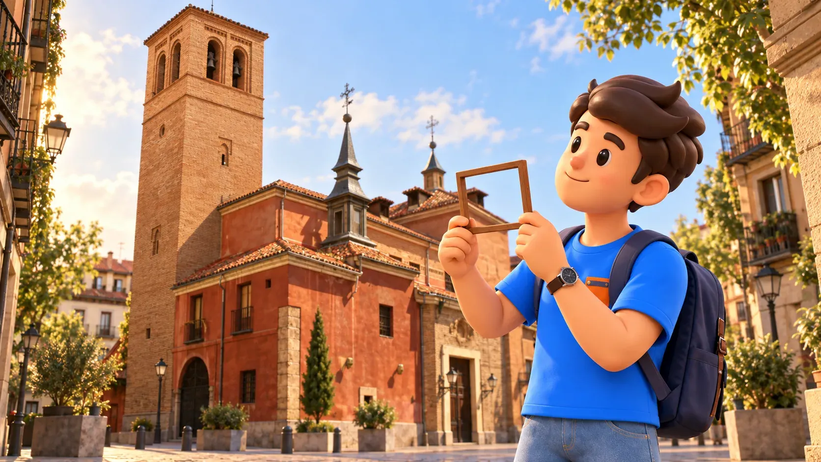 Ilustración de un viajero con marco de composición vacío junto a la torre de San Pedro el Viejo