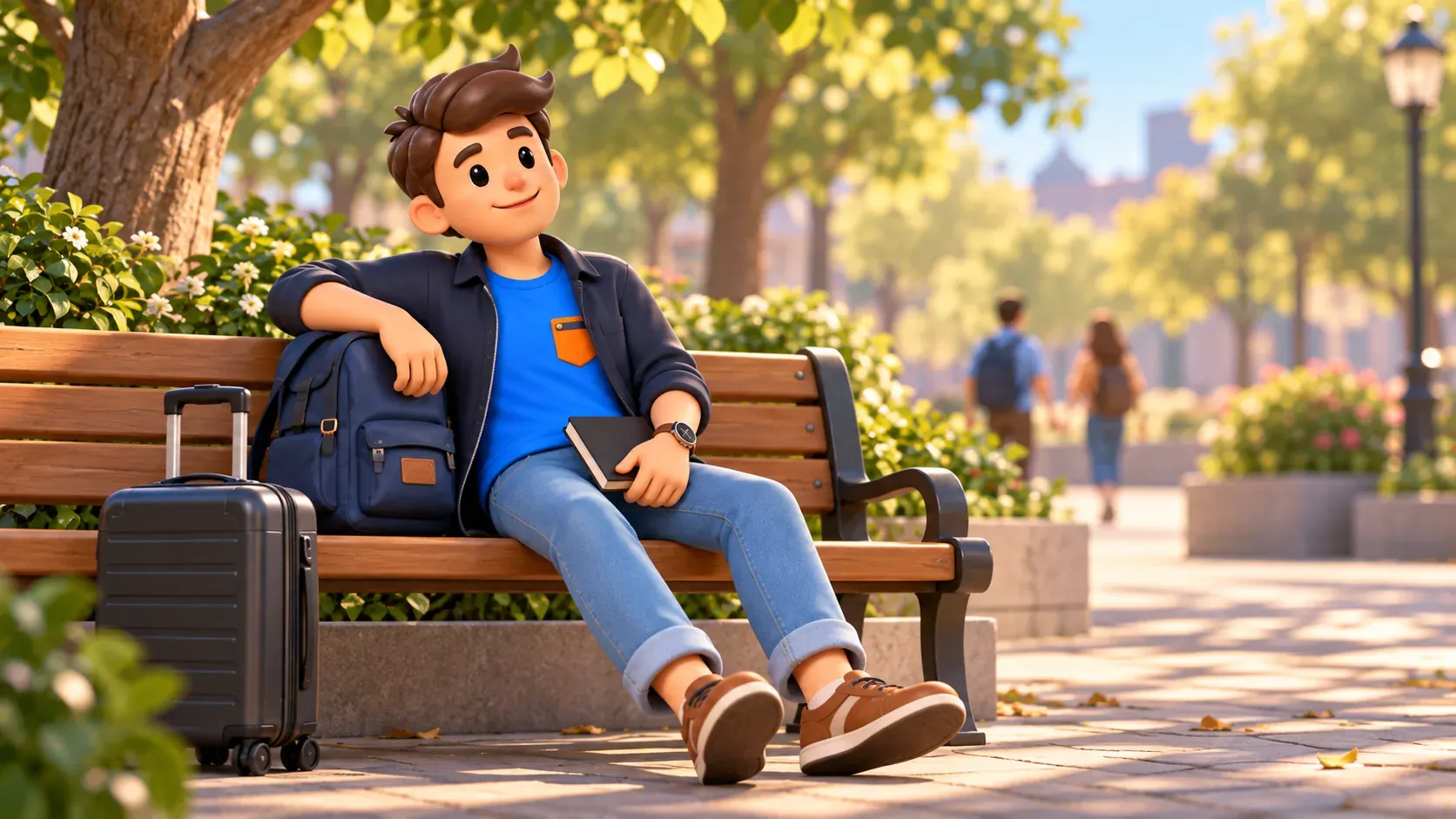 Traveller resting on a bench between journeys