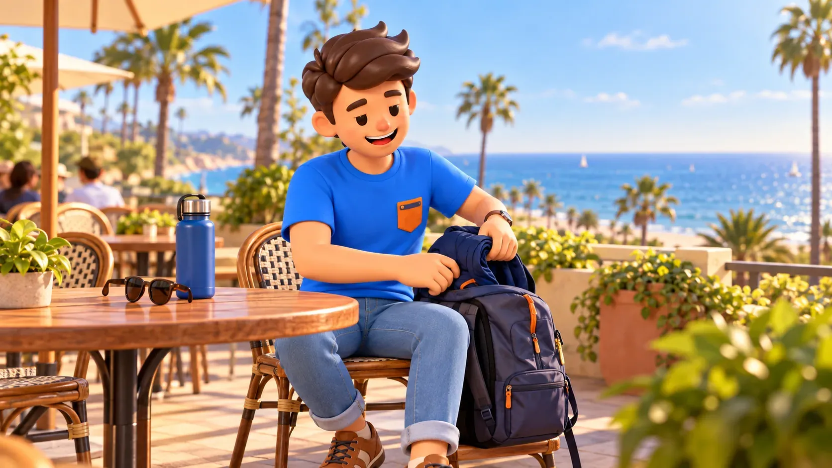 Traveller packing a jacket during a break
