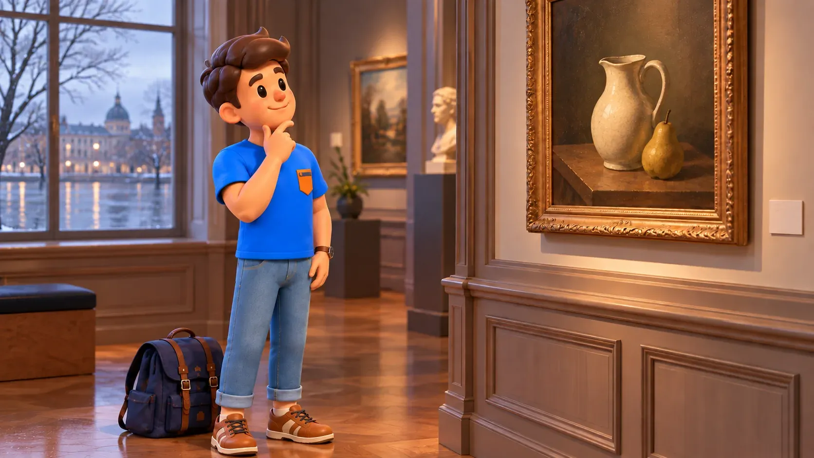 Galería de museo imaginaria con un viajero observando un bodegón original de jarra y pera