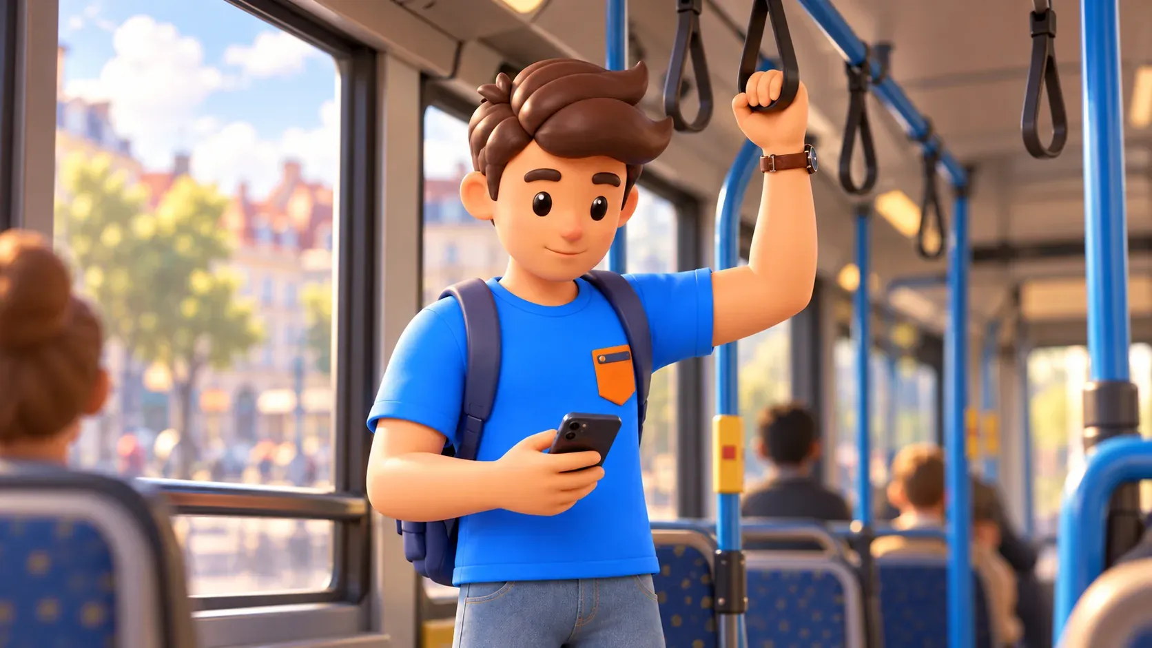 Viajero con el teléfono preparado dentro de un autobús urbano