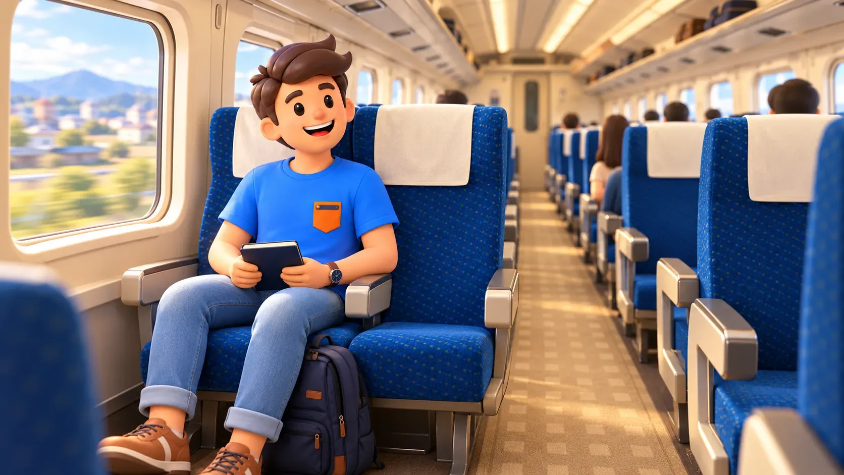 Ordinary Shinkansen carriage with blue seats and white headrest covers