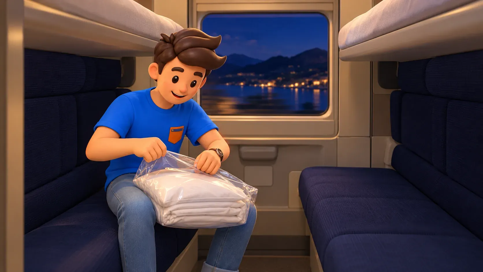 Preparing the bedding set in a Cuccetta Comfort compartment