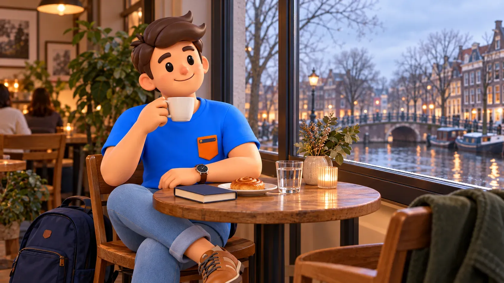 Pausa imaginaria de cafetería con un viajero y una taza ante un canal invernal y abrigo sobre otra silla