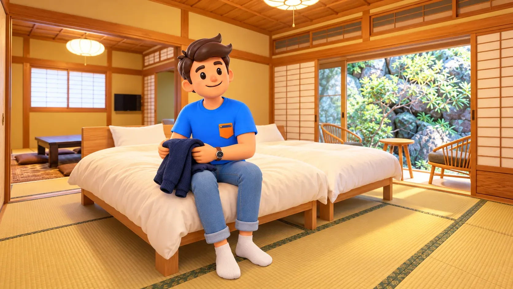 Ejemplo de habitación de Ekoin con camas y tatami