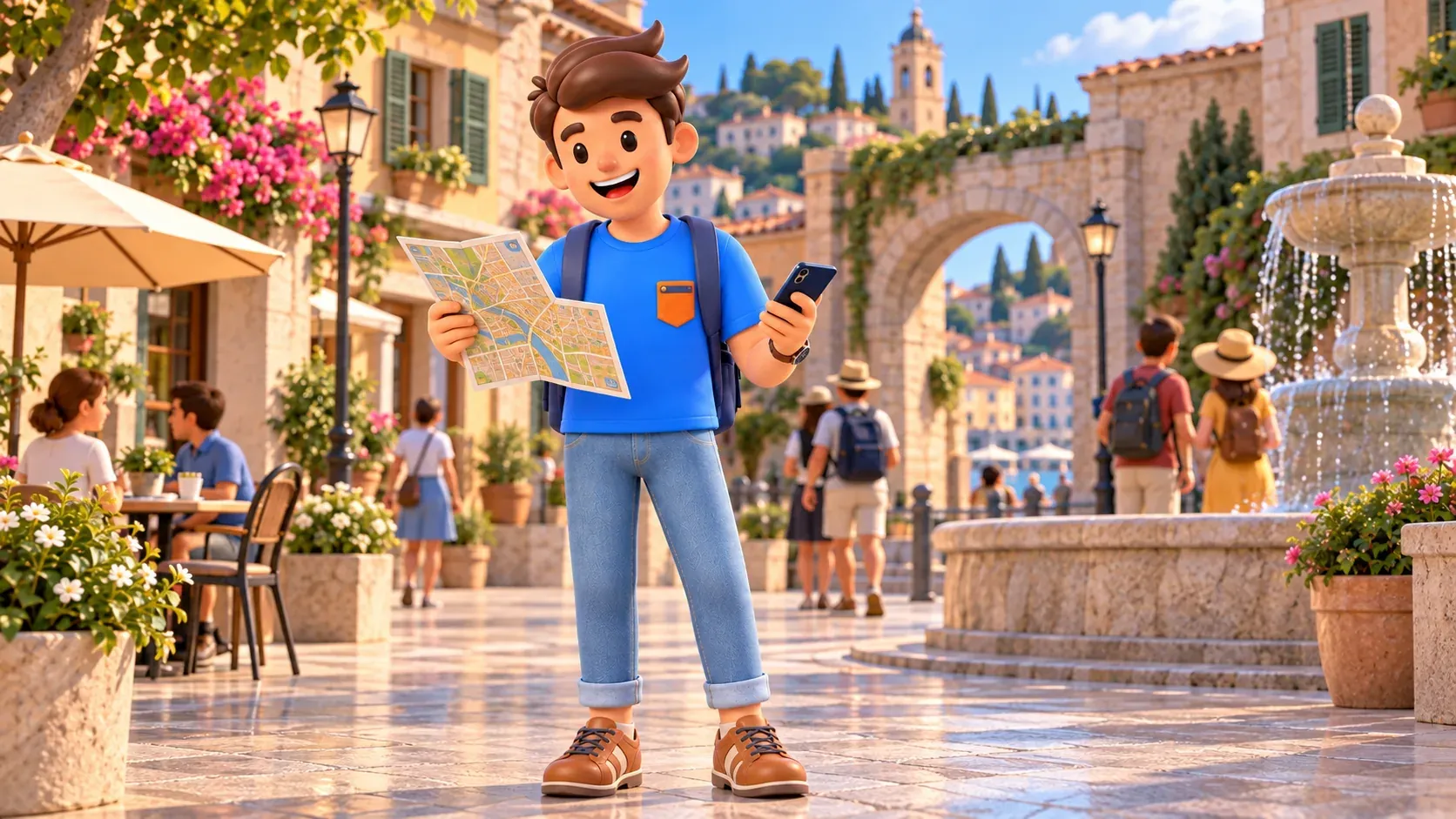 Ein Reisender hält auf einem Stadtplatz eine Papierkarte und ein Telefon.