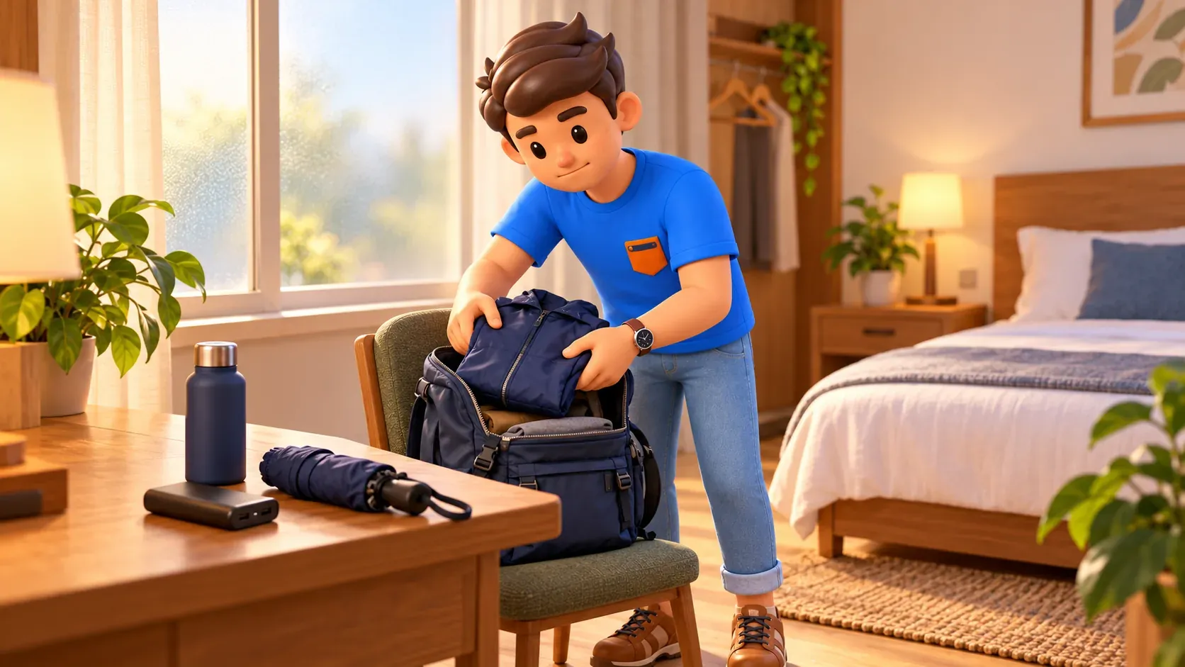 Preparación de una mochila pequeña y ropa para una excursión