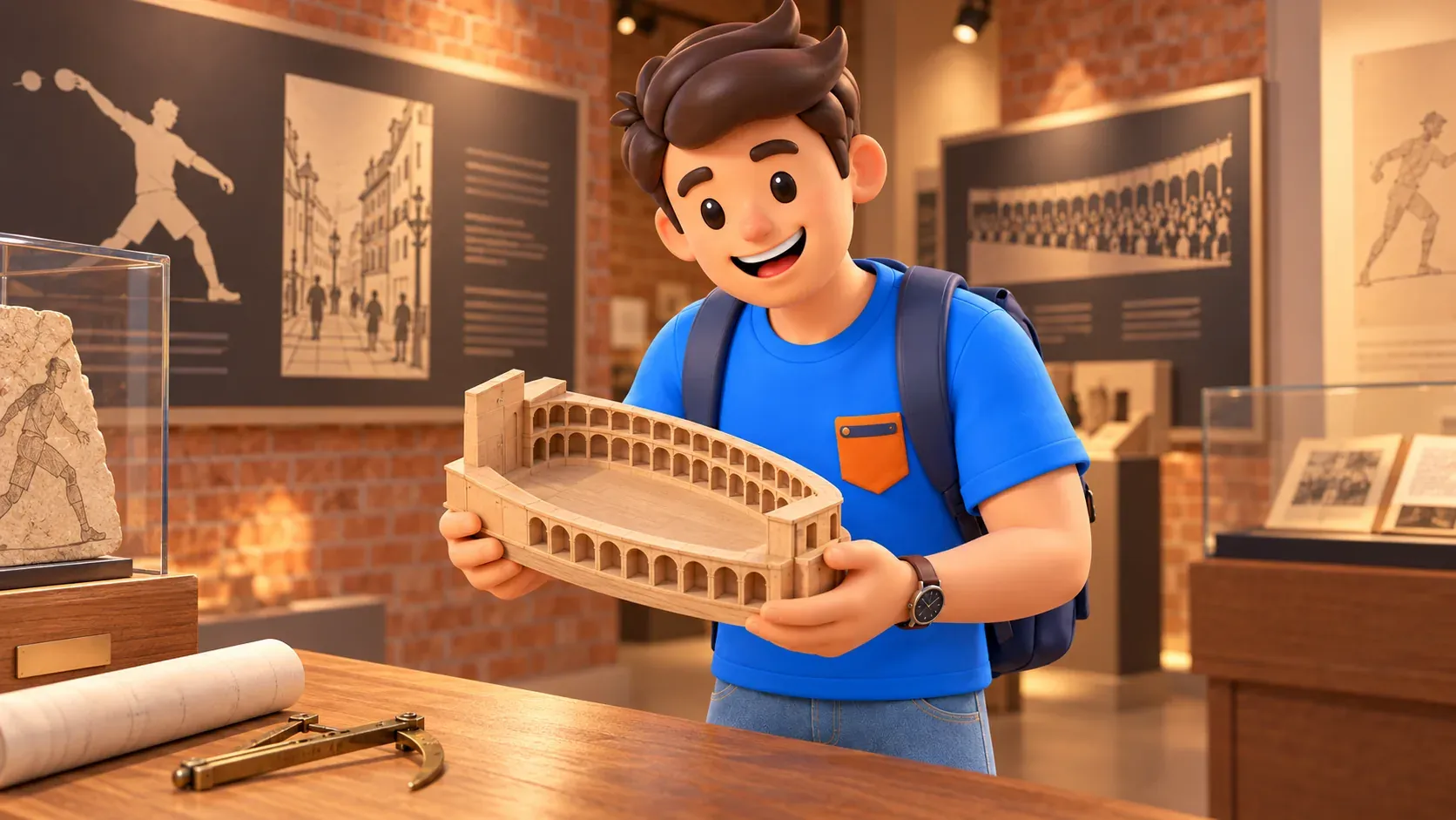 Illustration conceptuelle d’un voyageur tenant une maquette de bâtiment sportif historique