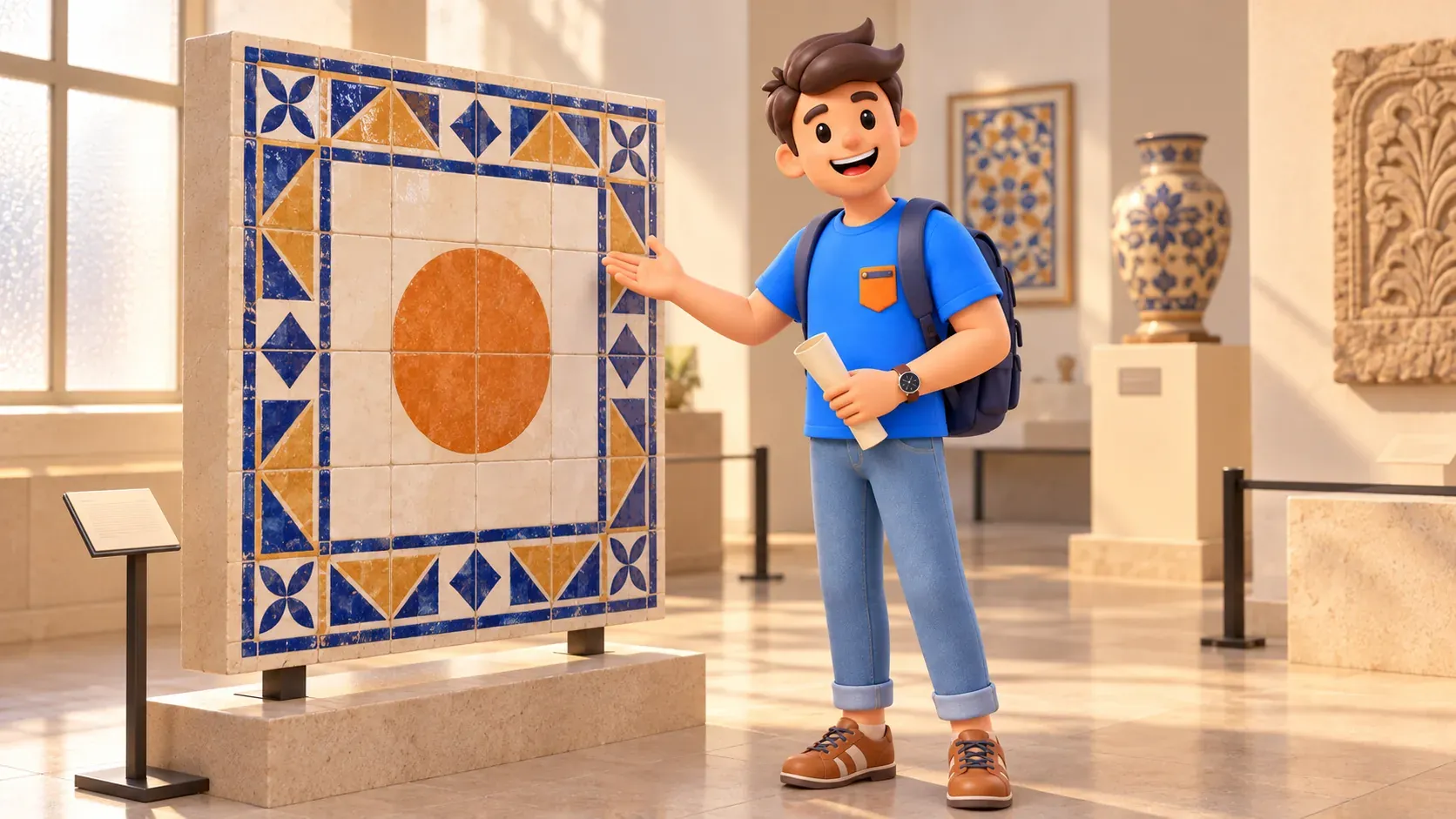 Illustration conceptuelle d’un voyageur devant un panneau de céramique blanche, bleue et ocre