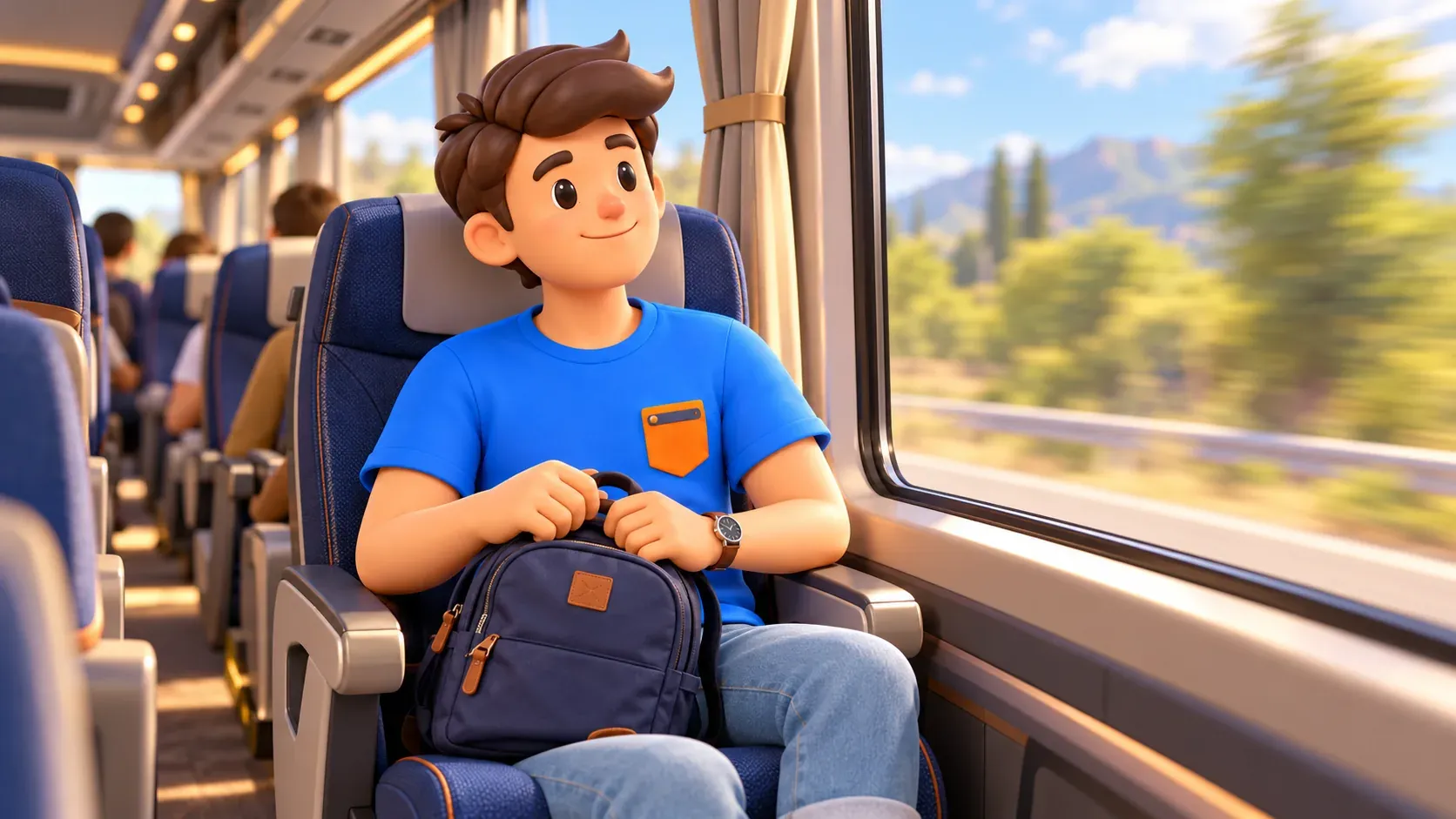 Traveller with a backpack during a coach journey