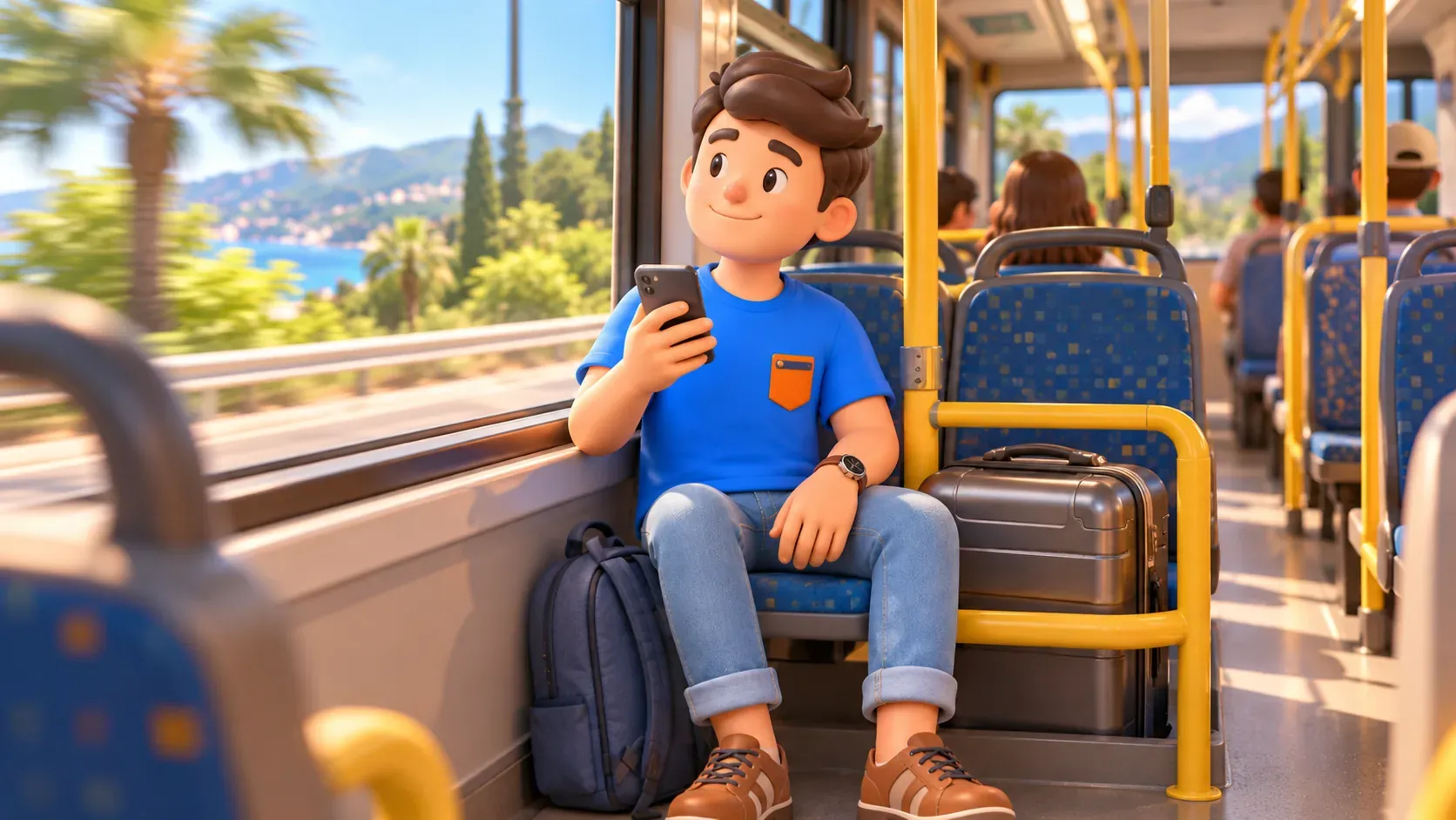 Traveller with luggage on a bus during a coastal journey
