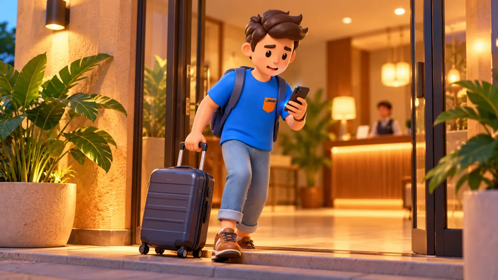Traveller with a suitcase at the hotel entrance after arrival
