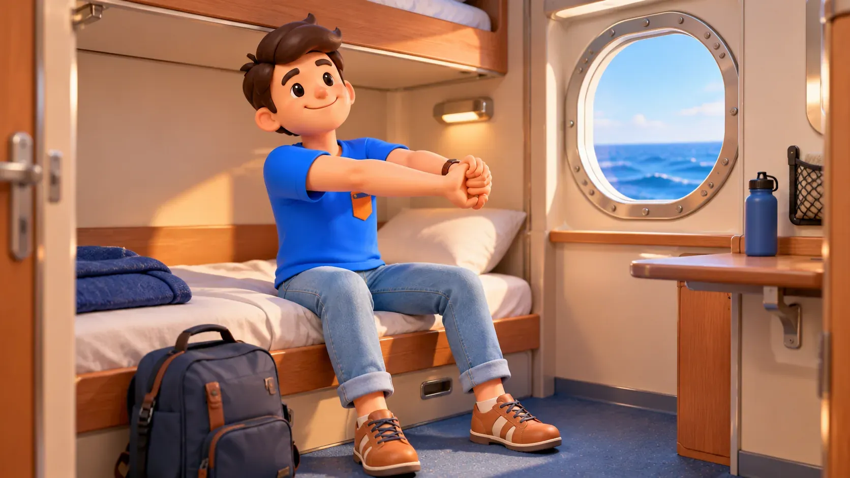 Traveller resting in a cabin during a ferry crossing
