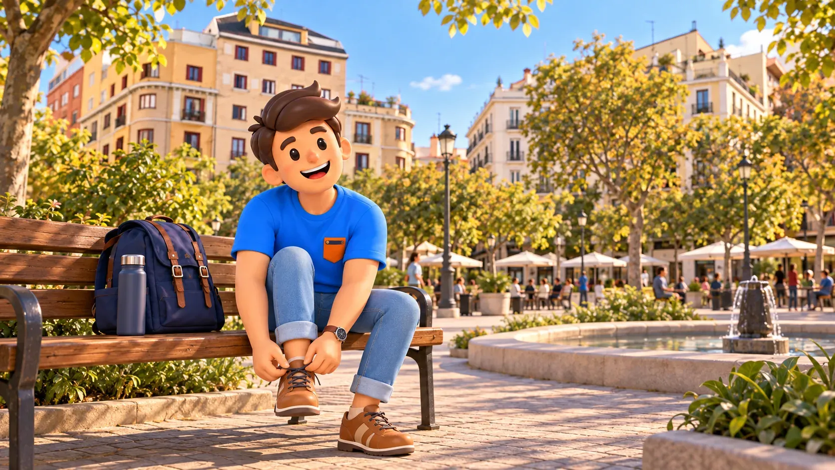 Illustration d’un voyageur refaisant son lacet pendant une pause plaza de Olavide
