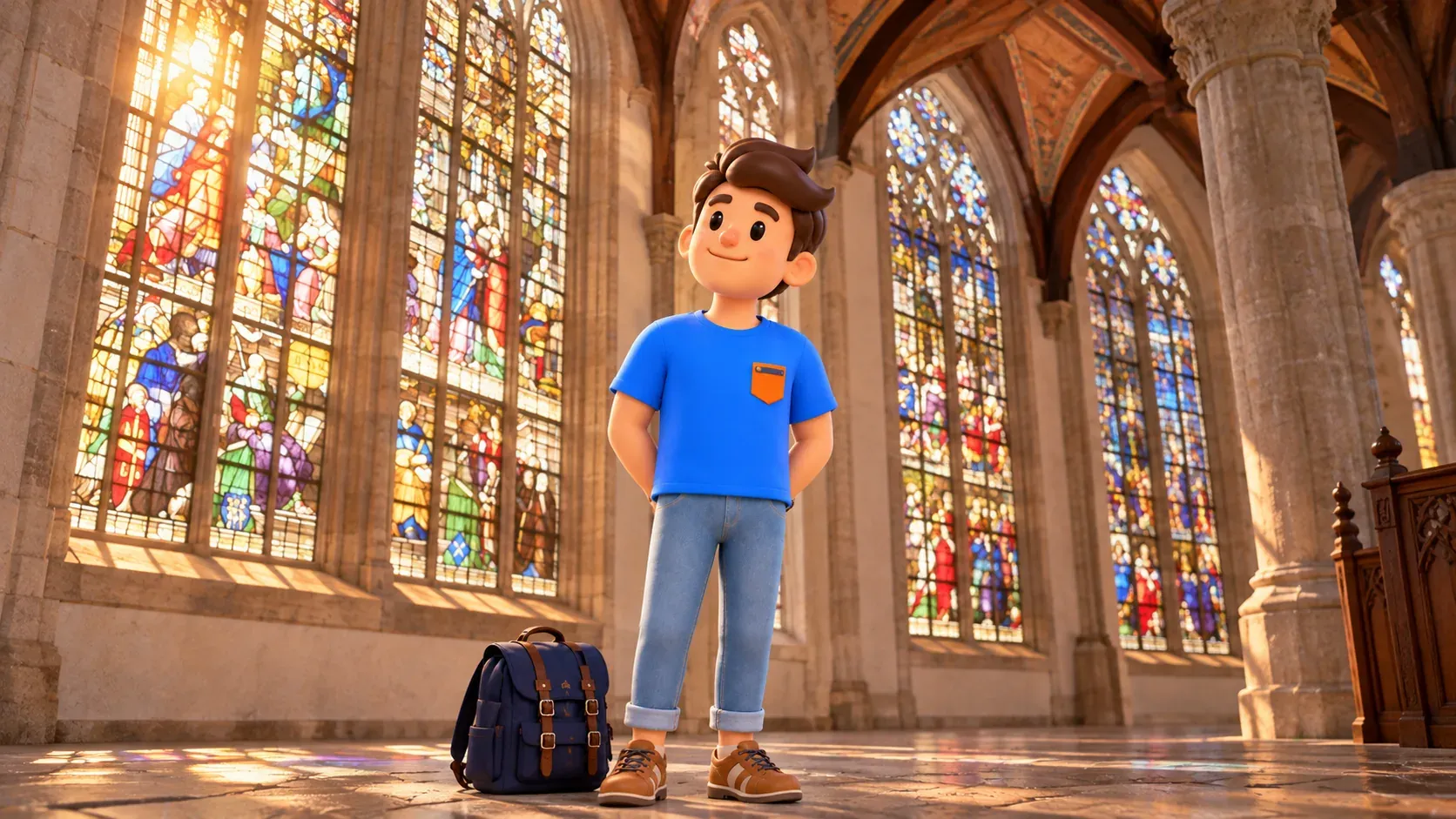 Viajero en un interior imaginario inspirado en columnas, vidrieras y techo de madera de Oude Kerk