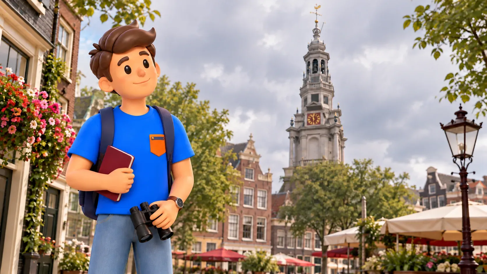 Viajero con libro y prismáticos bajados ante una torre ilustrada de Zuiderkerk