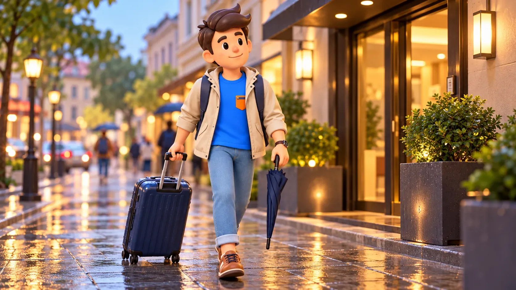 Letzter Fußweg zum Hotel mit Koffer