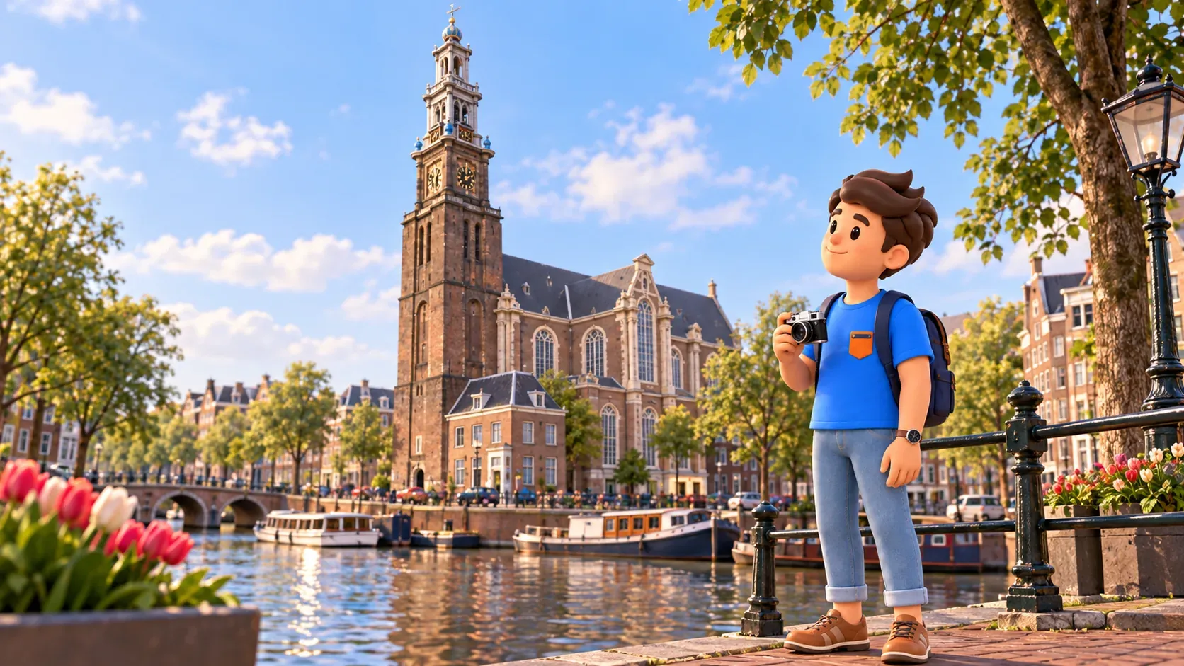 Viajero con una cámara junto a un canal ante una Westerkerk y torre ilustradas