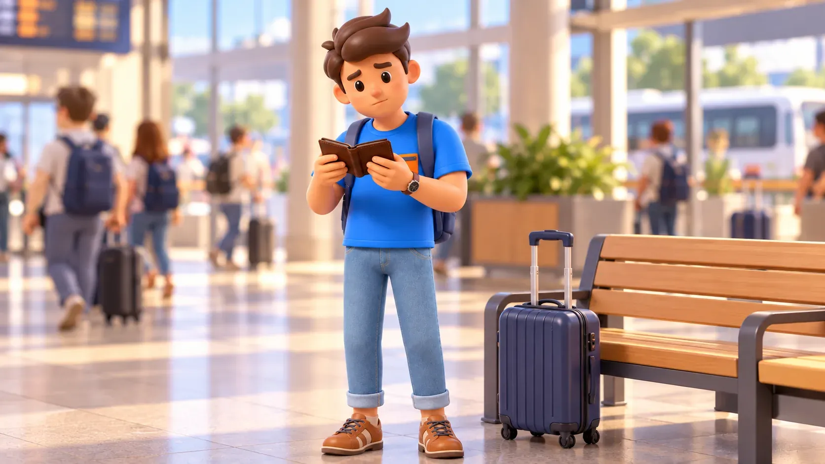 Preparación del pago antes de subir al autobús