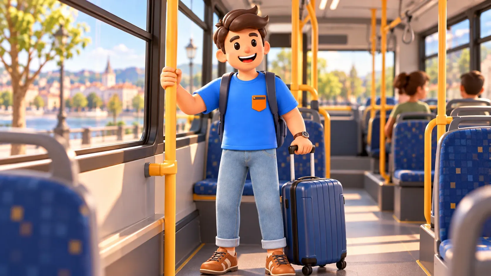 Passenger holding a suitcase and a city-bus handrail