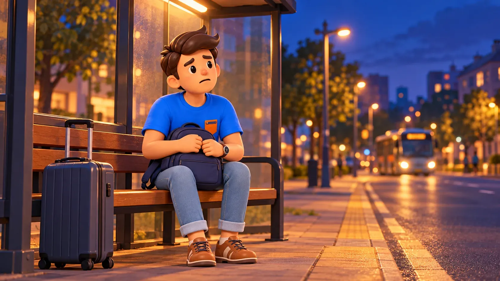 Waiting for a night bus with luggage