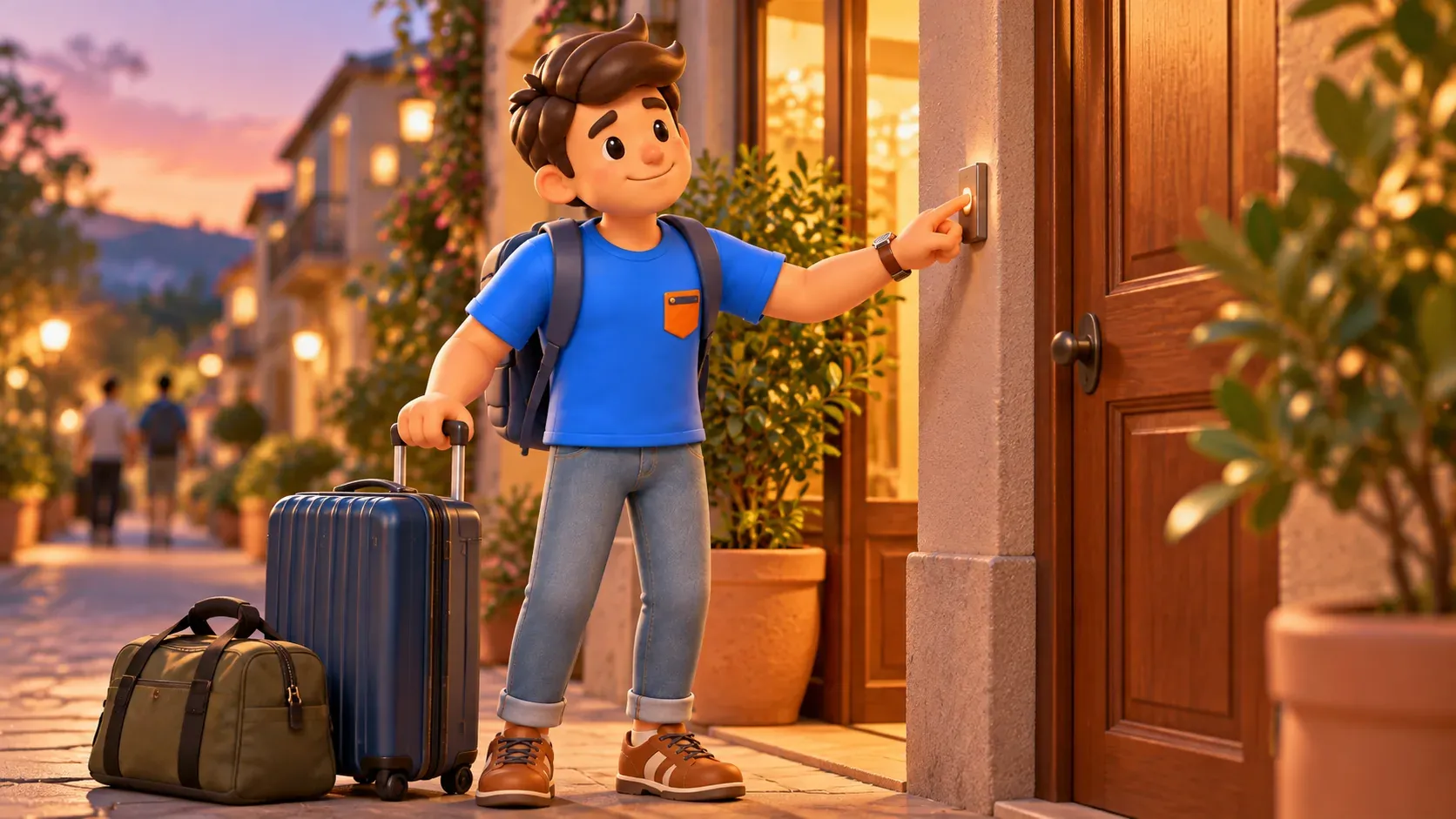 Arriving with luggage at an accommodation entrance