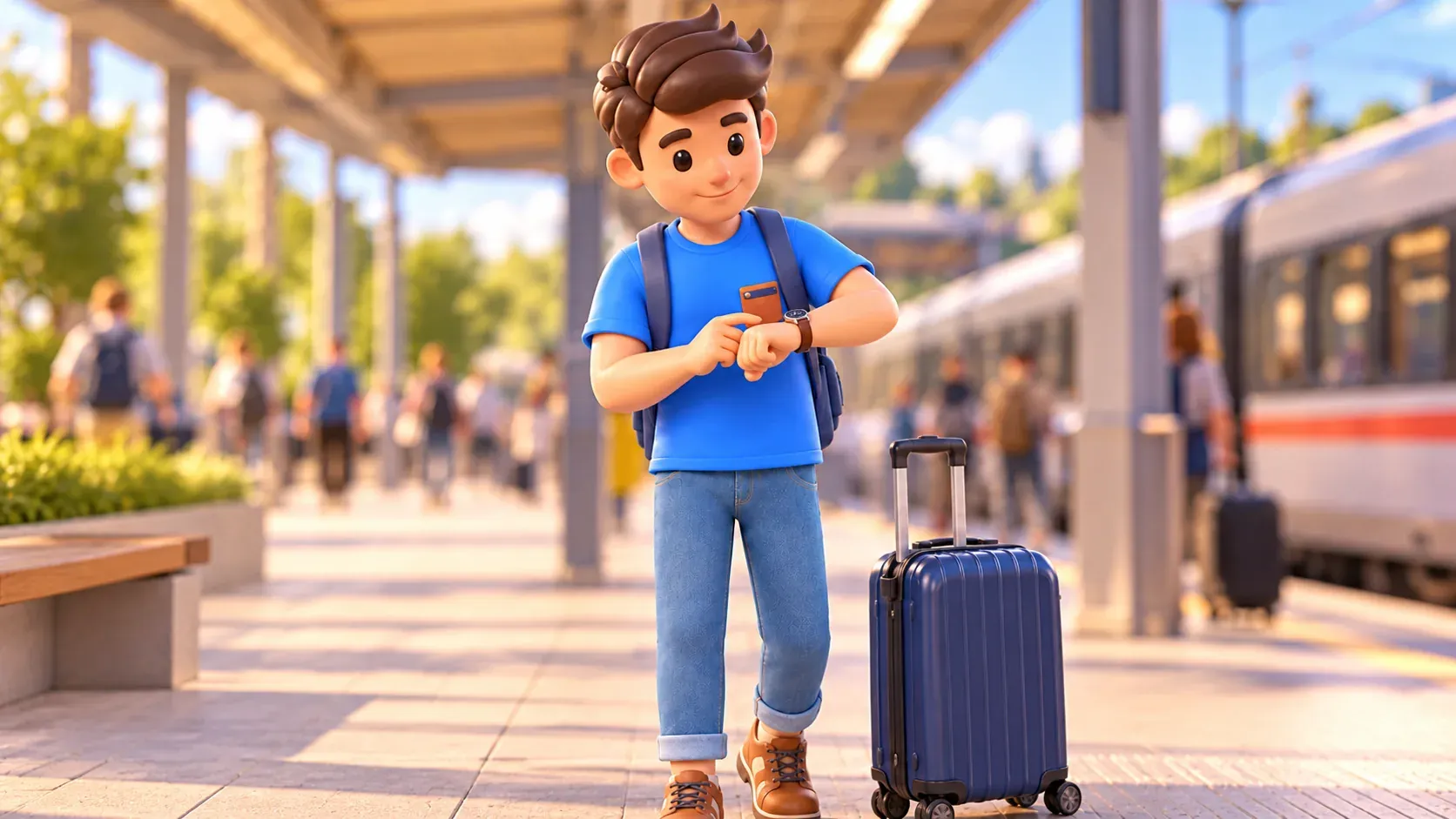 Checking the time before boarding a tram