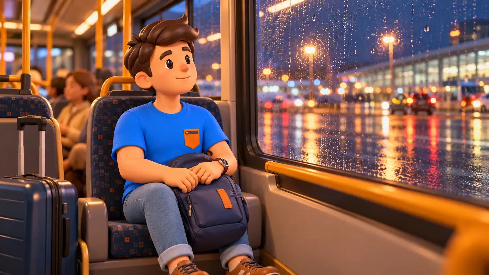 Bus journey with luggage on a rainy evening