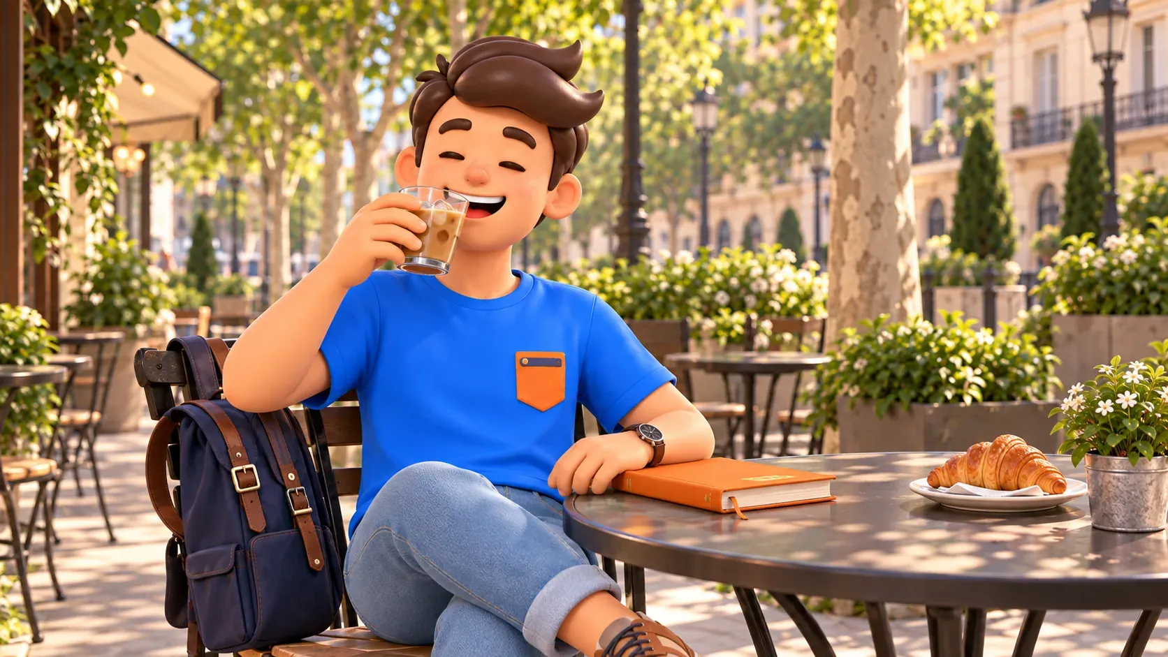 Symbolische Illustration eines Reisenden mit Eiskaffee bei einer Pause am Boulevard