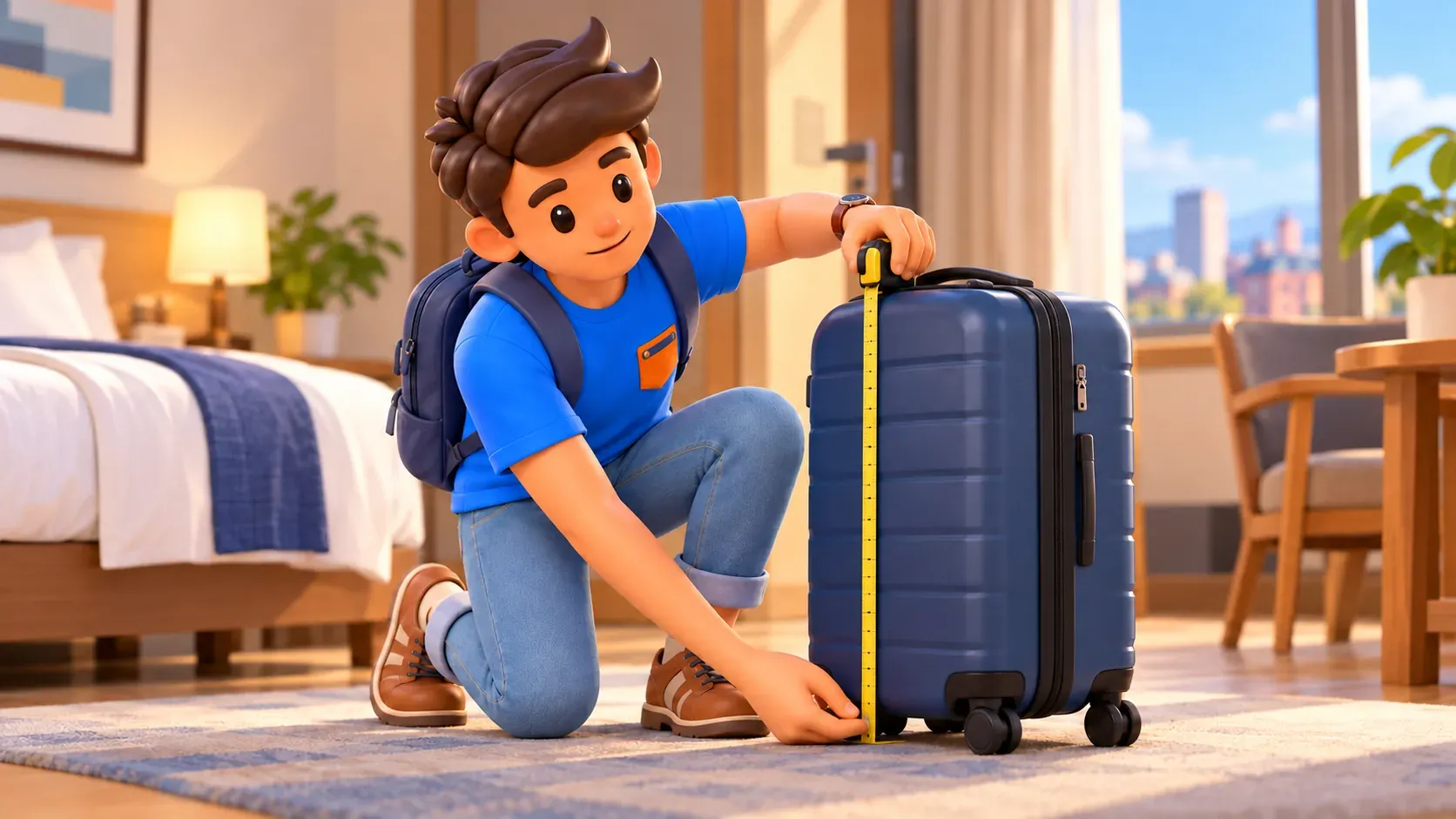 Traveller measuring the suitcase exterior including wheels