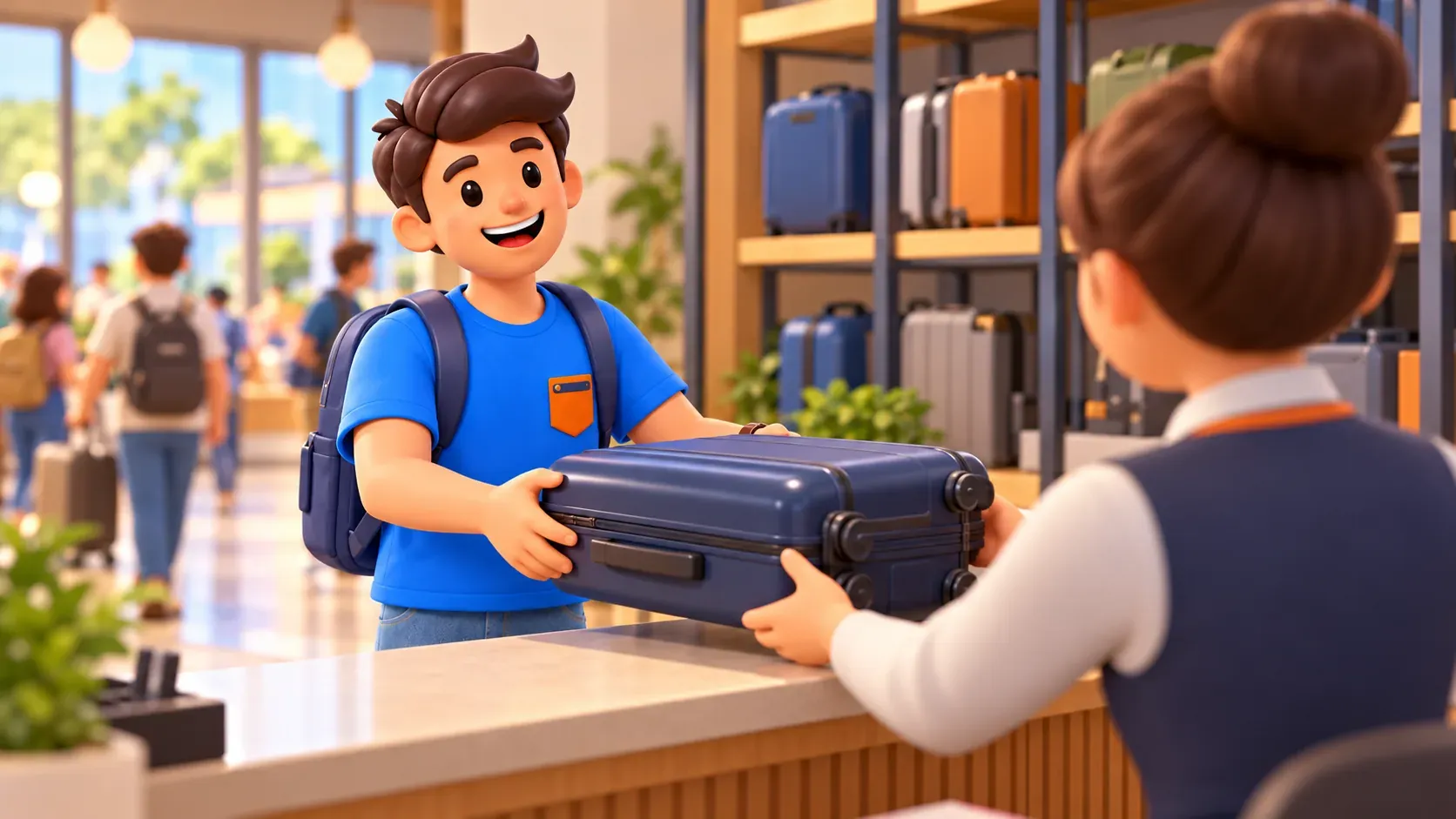 Traveller handing a suitcase to a storage attendant