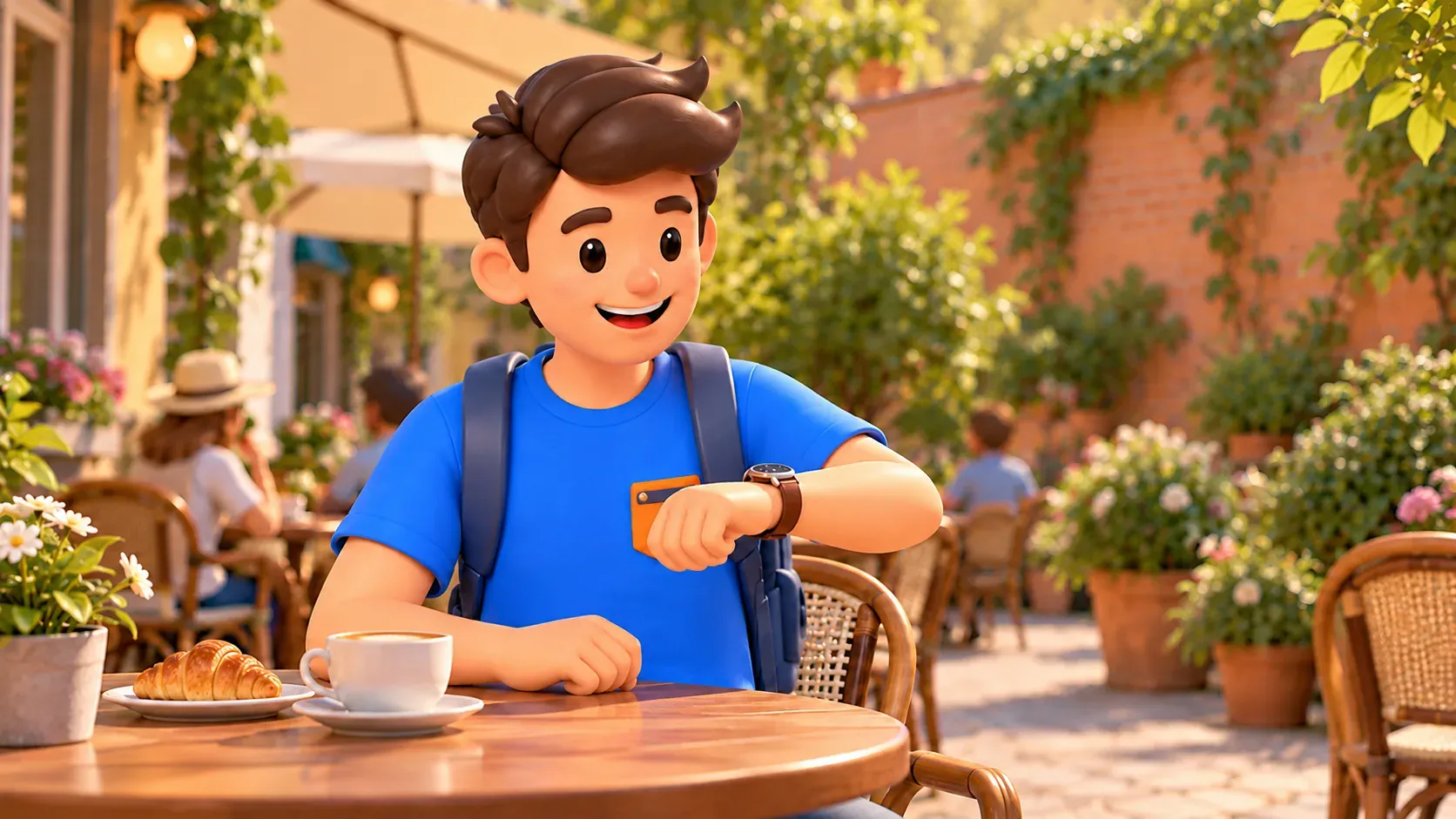 Traveller checking time before returning for his luggage