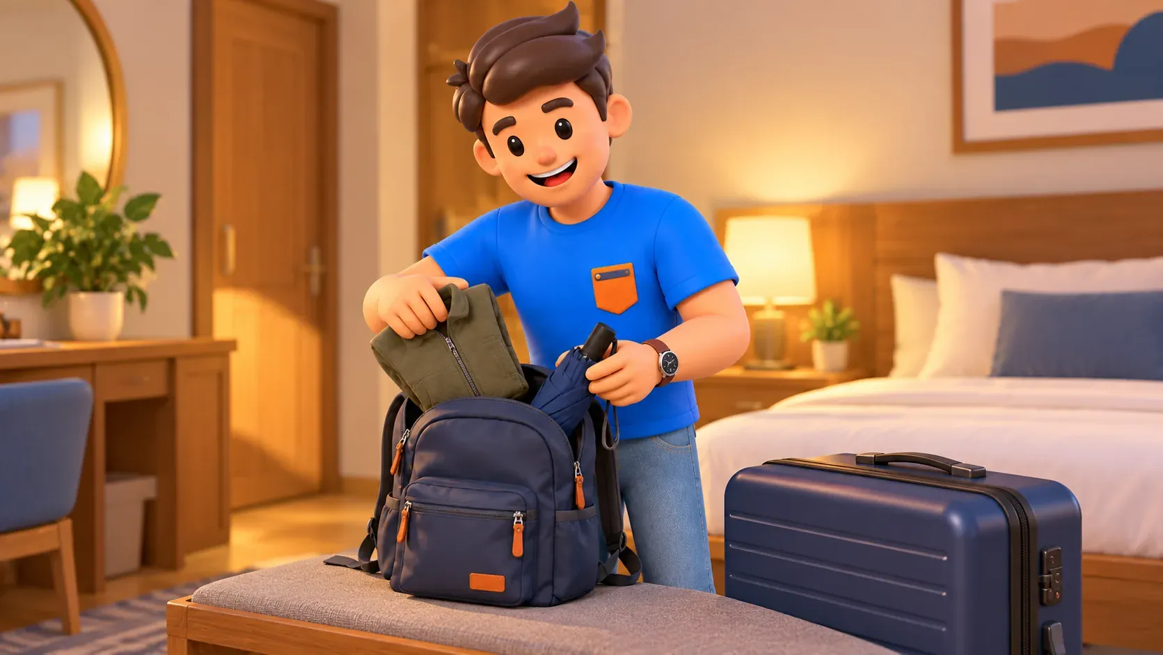 Viajero guardando chaqueta y paraguas en la mochila del día
