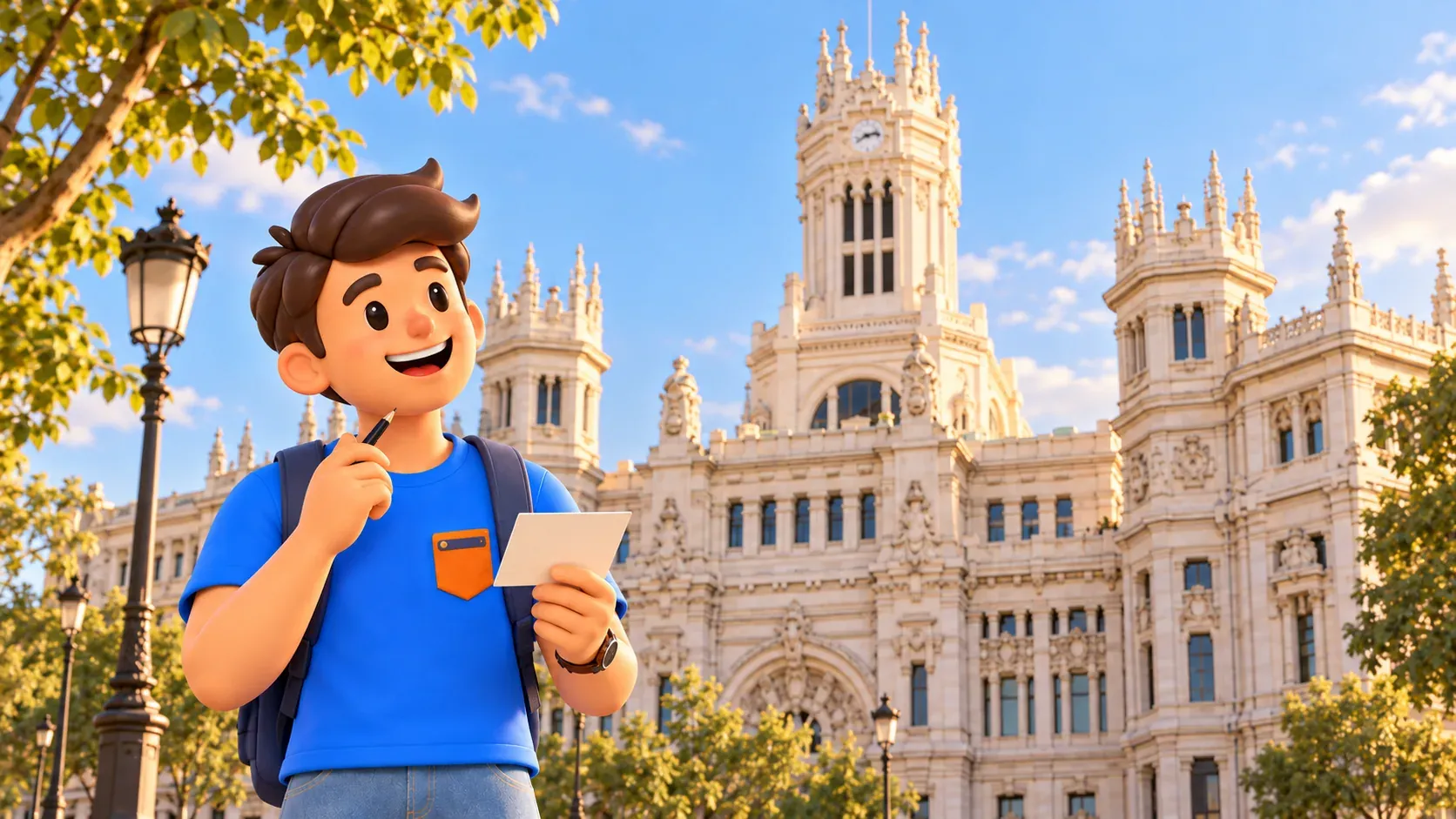 Illustration eines Reisenden mit leerer Postkarte vor der Fassade des Cibeles-Palasts