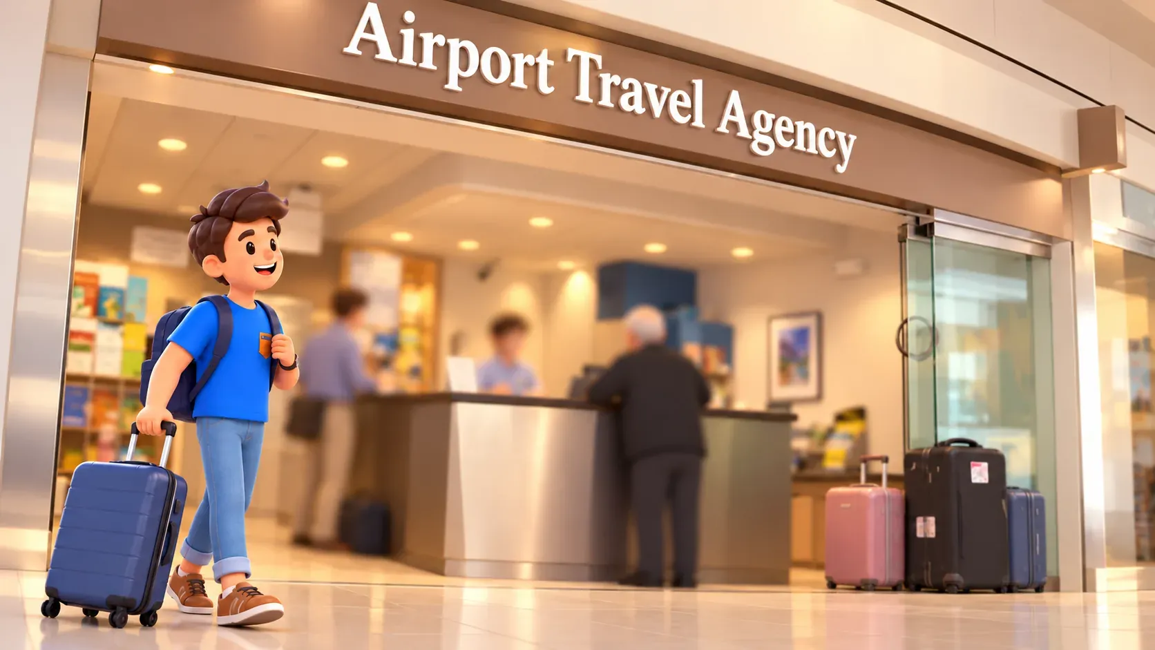 RoadMe-Reisender vor Airport Travel Agency am SFO nach echtem Referenzfoto
