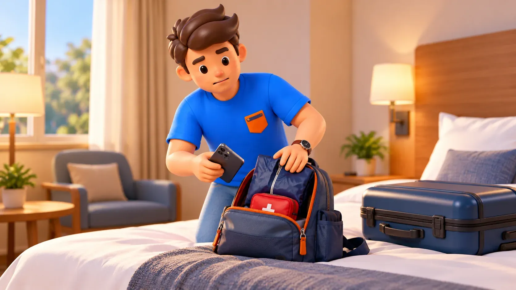 Viajero guardando teléfono y objetos necesarios en la mochila