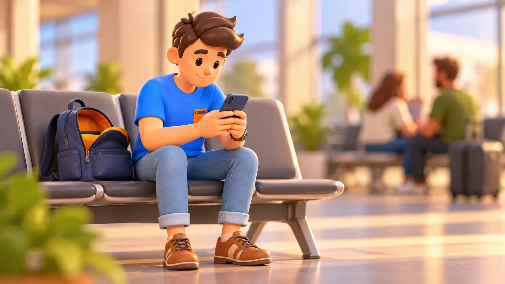 Traveller checking a phone before departure