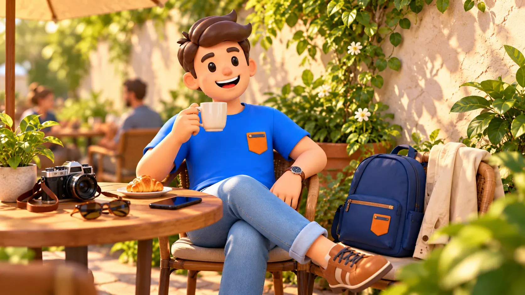 Traveller relaxing in a cafe after a journey