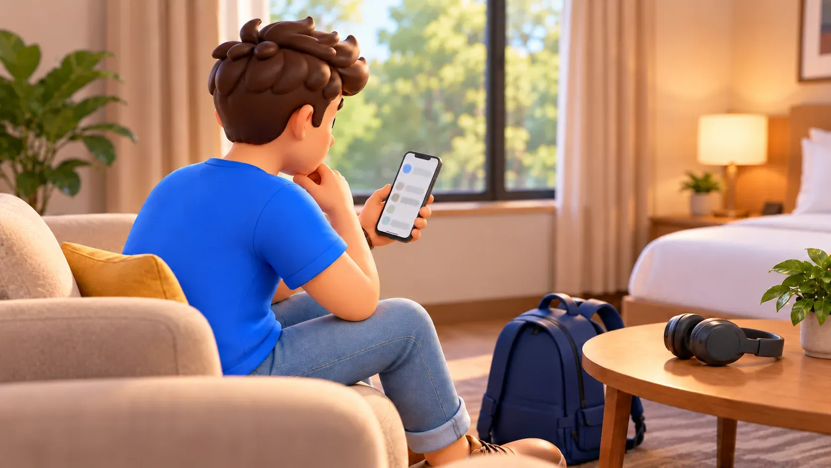 Reisender plant die Besuchszeit im Hotel mit dem Telefon