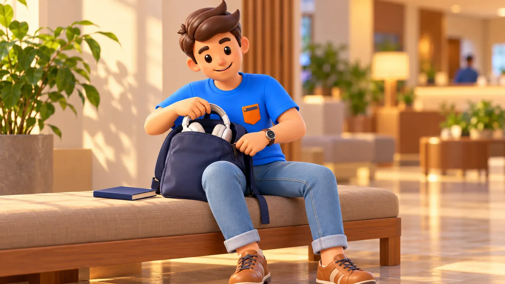 Traveller packing headphones before a museum visit