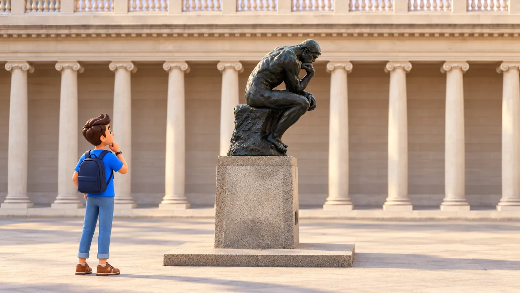 Traveller looking at Rodin’s Thinker in the museum courtyard