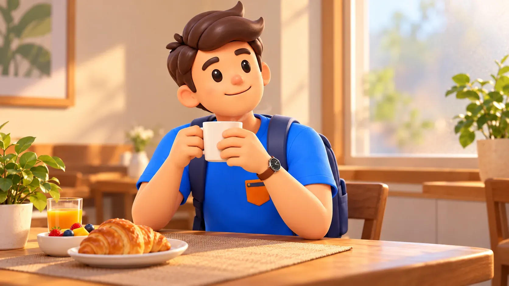 Viajero desayunando antes de la visita