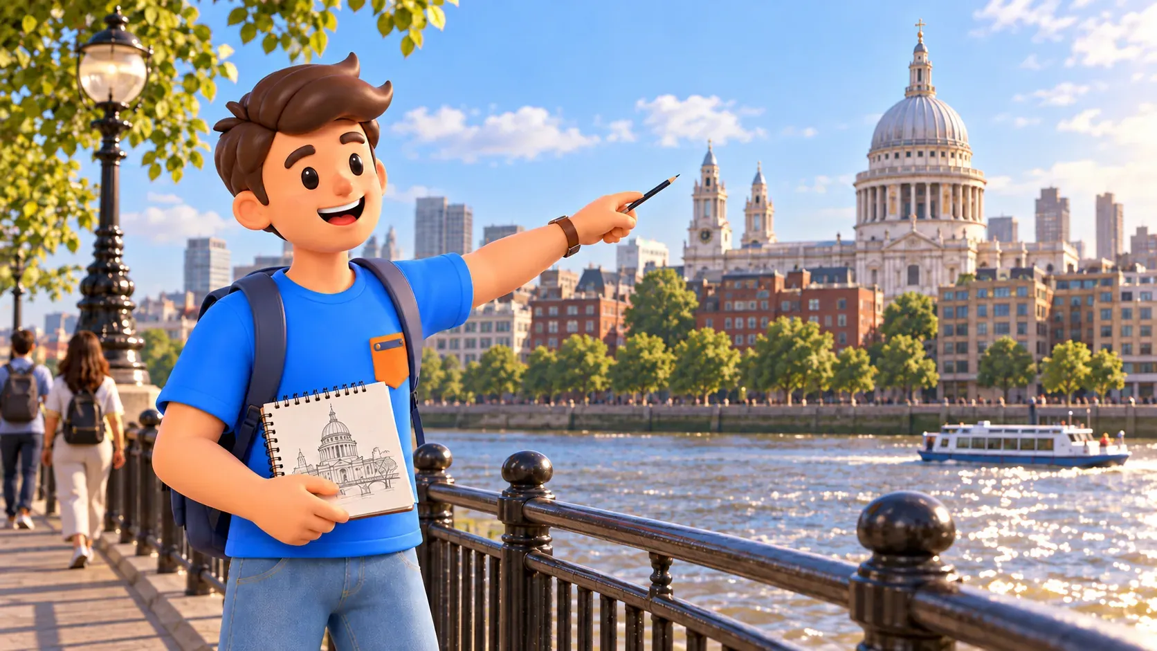Illustration of a traveller holding a dome sketch with St Paul’s Cathedral across the Thames