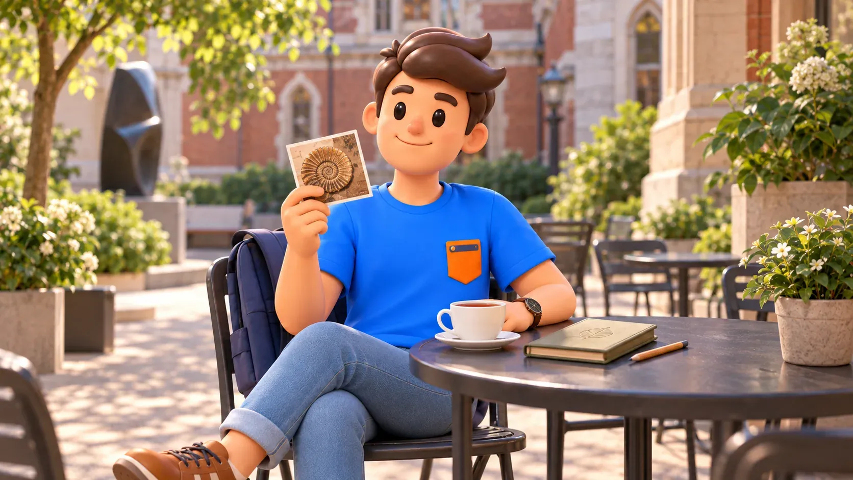Thematic museum-day illustration: a traveller with an ammonite postcard takes a tea break in an imagined courtyard