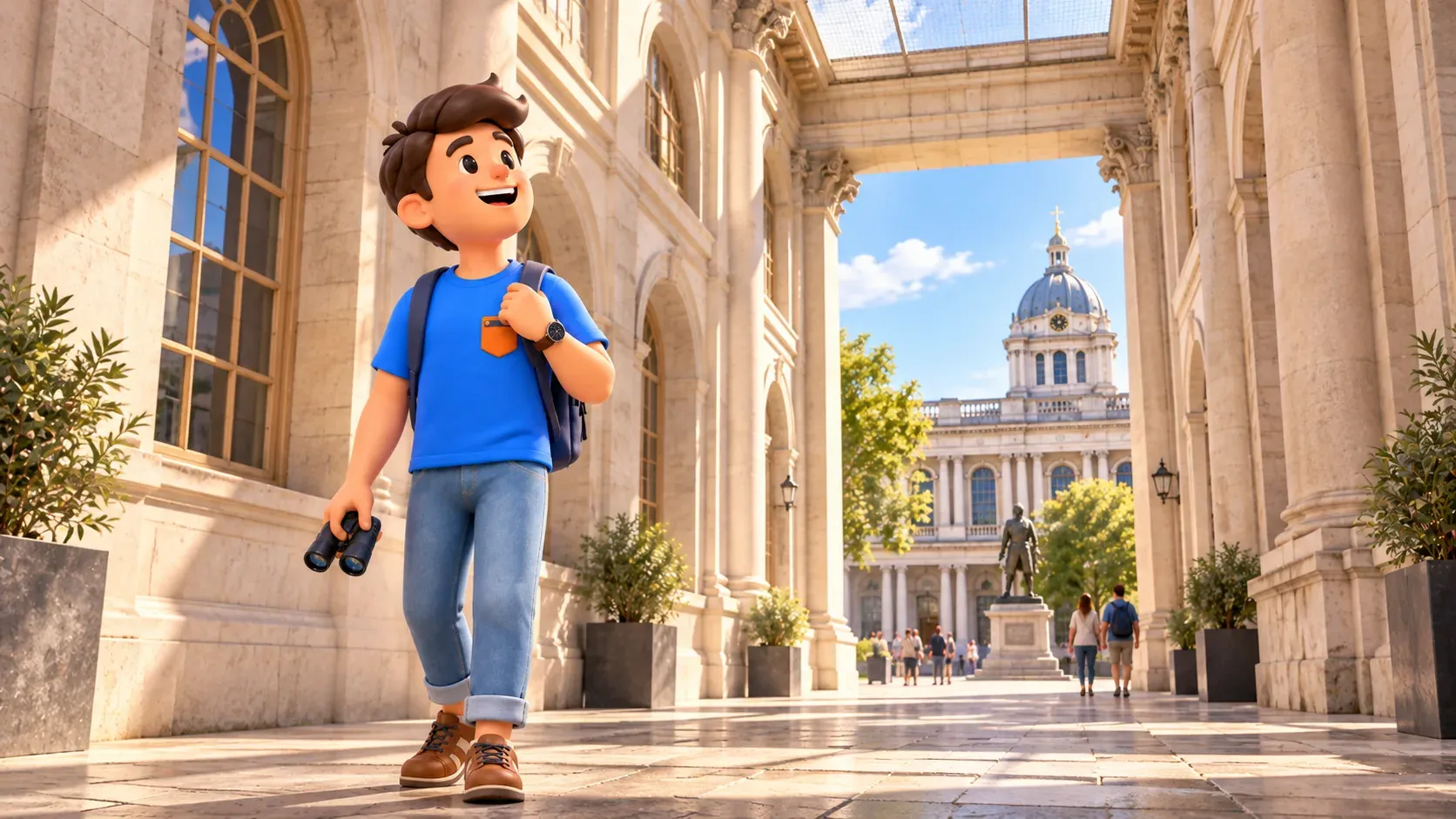 Illustration of a traveller with binoculars in a space inspired by the Old Royal Naval College’s stone courtyard in Greenwich