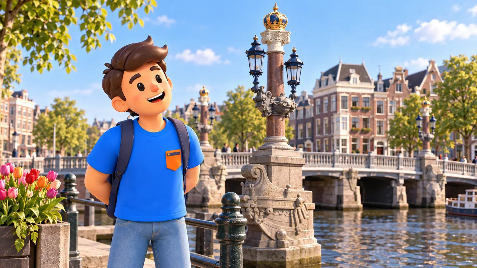 Voyageur observant une colonne de lampes illustrée de Blauwbrug avec couronne et motifs de navires