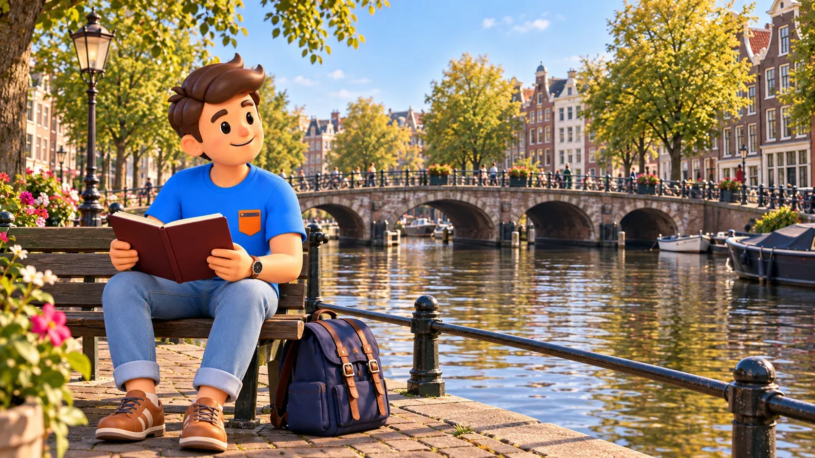 Pause imaginaire sur un banc du Singel avec un voyageur au livre ouvert devant les arches illustrées de Torensluis